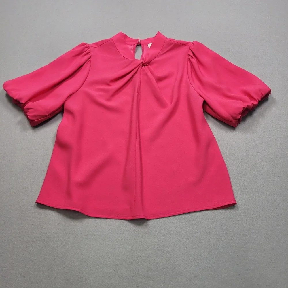 LOFT Womens Short Puff Sleeve Twist Neck Blouse Pink Small NWT